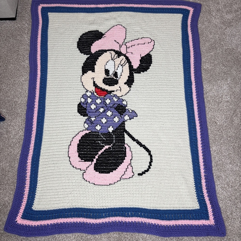Vtg Handmade Minnie Mouse Afghan Crochet Pink Bow Nursery Crib Blanket 56x40"